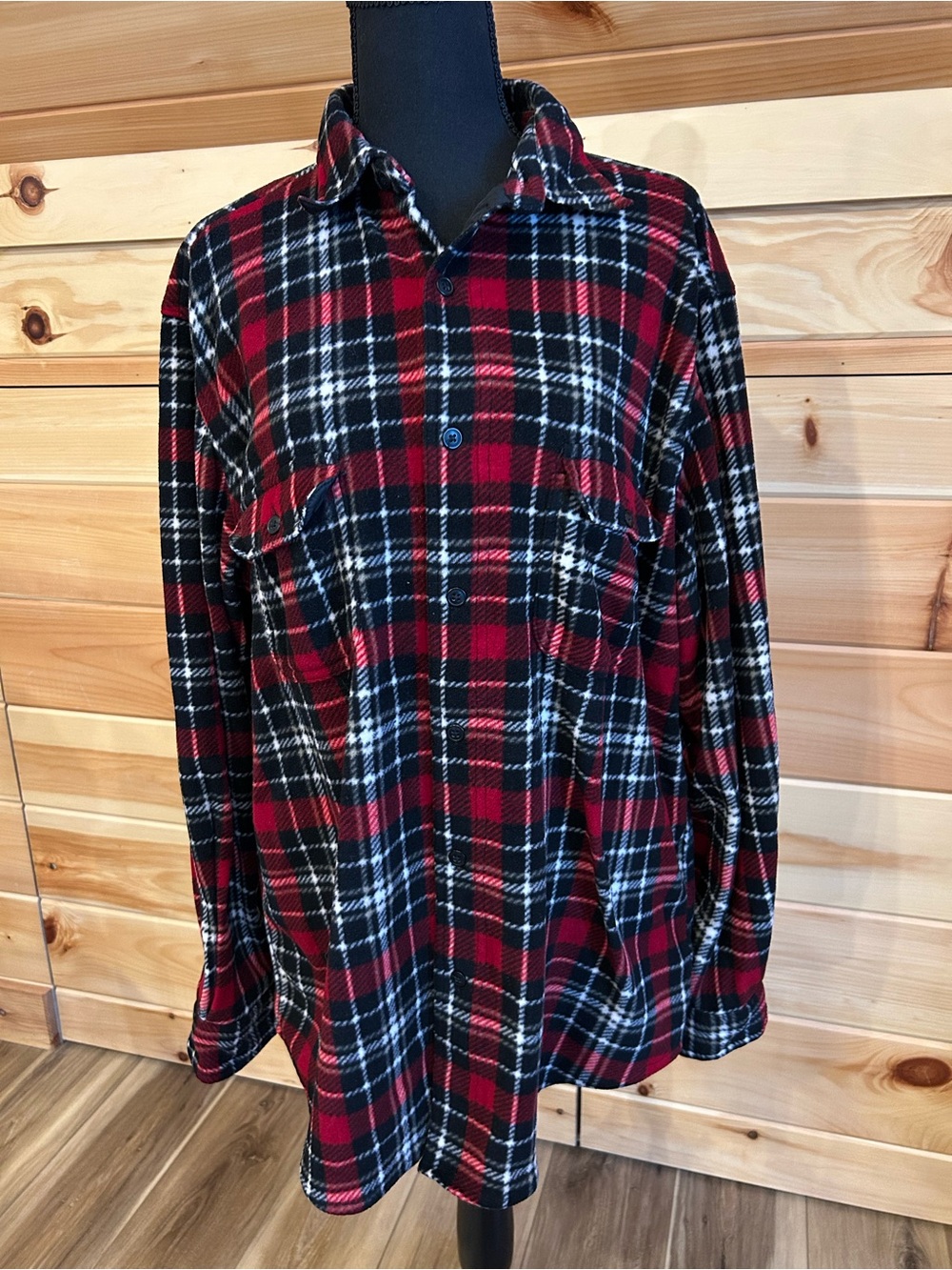 Chaps Red Black White Plaid Micro Fleece Button-Down Shirt